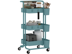 Carrito De Servicio De 3 Niveles Con 4 Ganchos Y 3 Cajas Colgantes Extraíbles, 42 X 38 X 86,5 Cm, Azul Verdoso