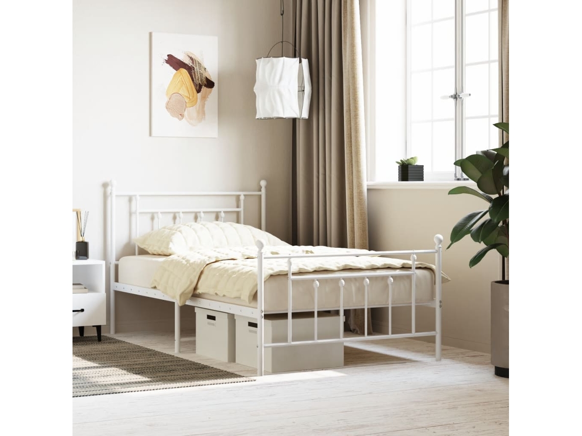 Cama Individual | Cama Para Adultos | Estructura Cama Sin Colchón Con Estribo Metal Blanco 100x200 Cm Wsd933371