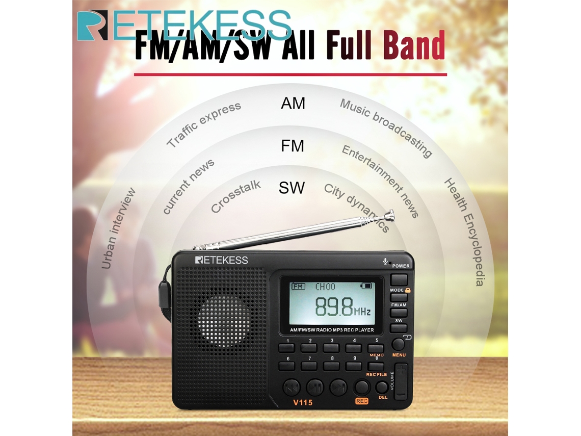 Radio portátil FM/AM/SW recargable con múltiples bandas, batería interna, grabadora USB y altavoz, ideal para personas mayores. Viewleaf