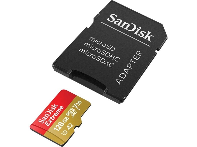 Tarjeta de Memoria Micro SD SANDISK Extreme (128 GB - 160 MB/s - Class10) + Adaptador SD