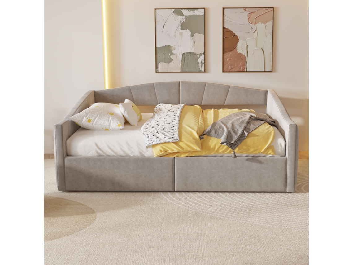 Sofá Cama Tapizado 140x200 Cm - Con Somier De Láminas - Tejido De Terciopelo - Gris Claro (colchón No Incluido)
