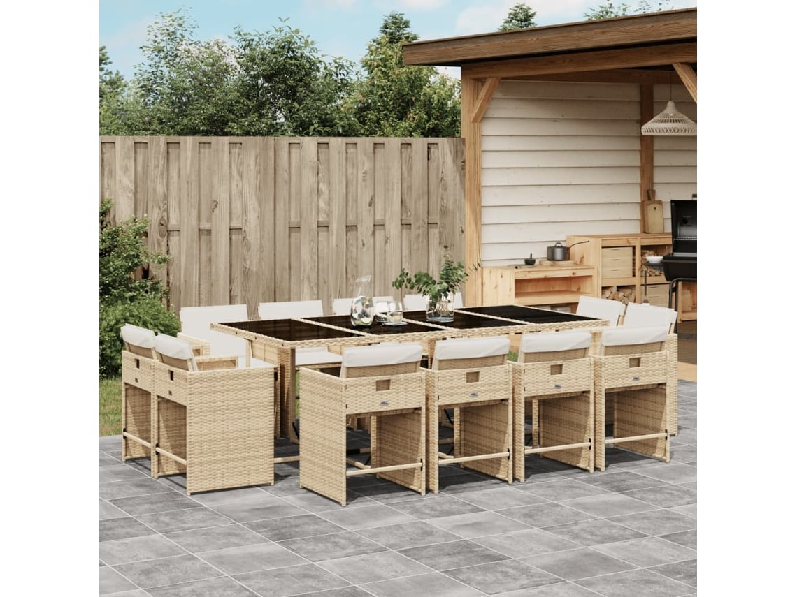 Juego de comedor de jardín de 13 piezas con cojines, mimbre sintético beige, DKD Home Decor