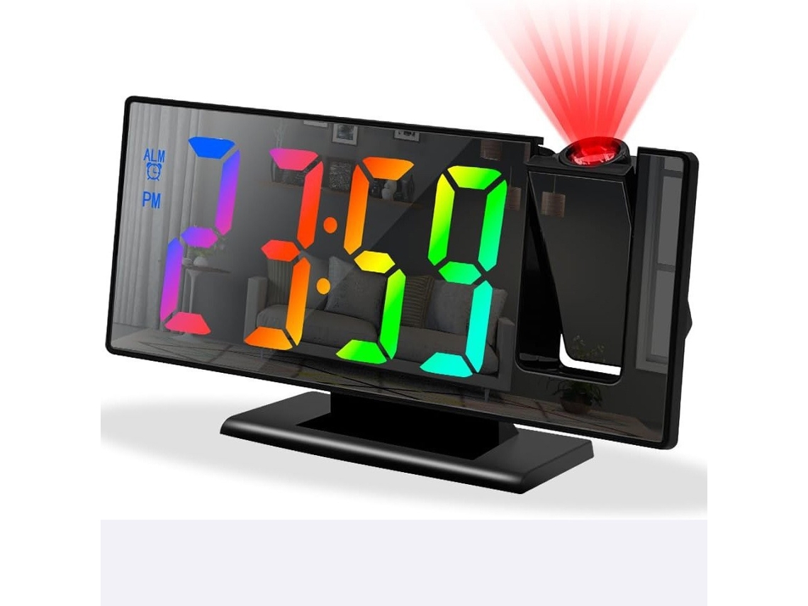 Reloj despertador electrónico LED con proyector, brillo y temperatura ajustables – Botón de repetición para dormitorio, luz de colores Hexinyigjly