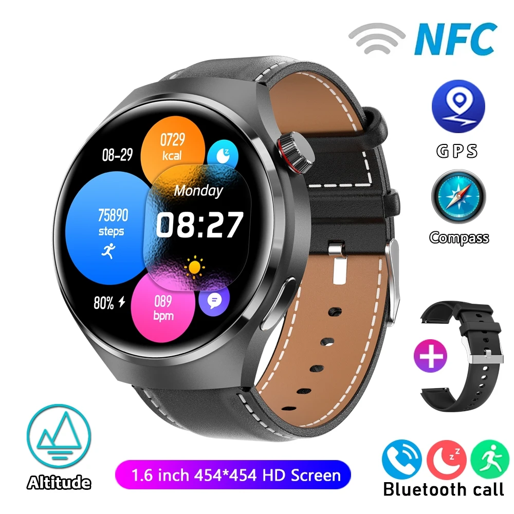 Reloj inteligente con monitorización de la salud, llamadas Bluetooth, NFC y GPS. MDUG (correa de cuero negro).
