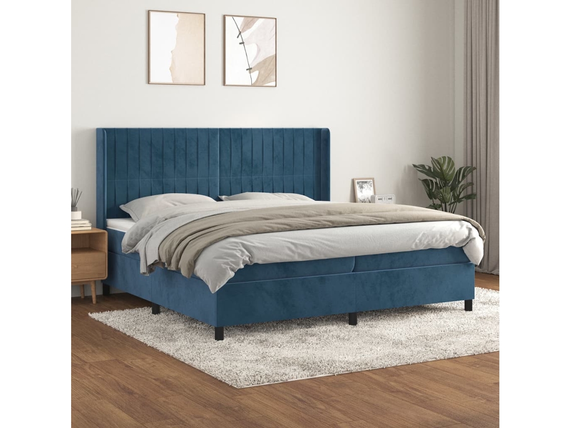 Cama Box Spring Con Colchón Terciopelo Azul Oscuro 200x200 Cm