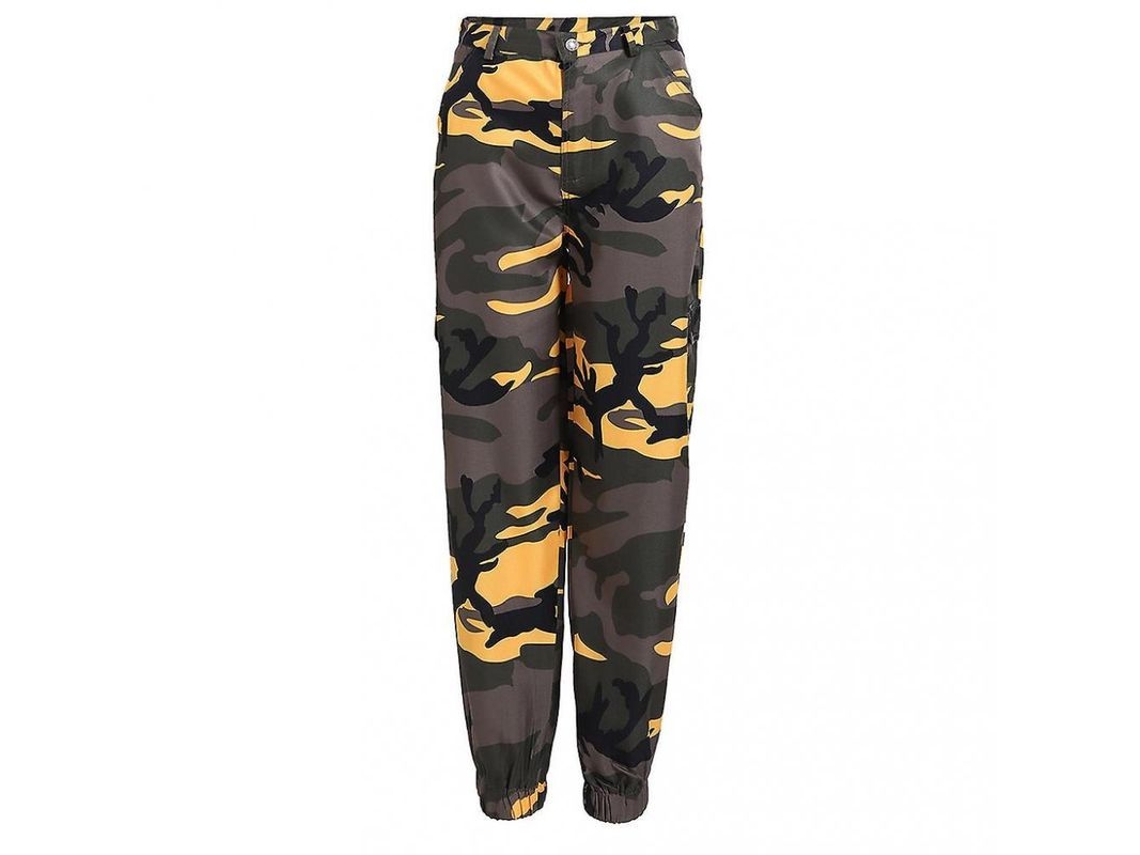 Pantalones cargo de camuflaje para mujer de la marca Rebe, estilo hip hop, corte holgado con bolsillos elásticos en los tobillos, talla 3XL, color amarillo.