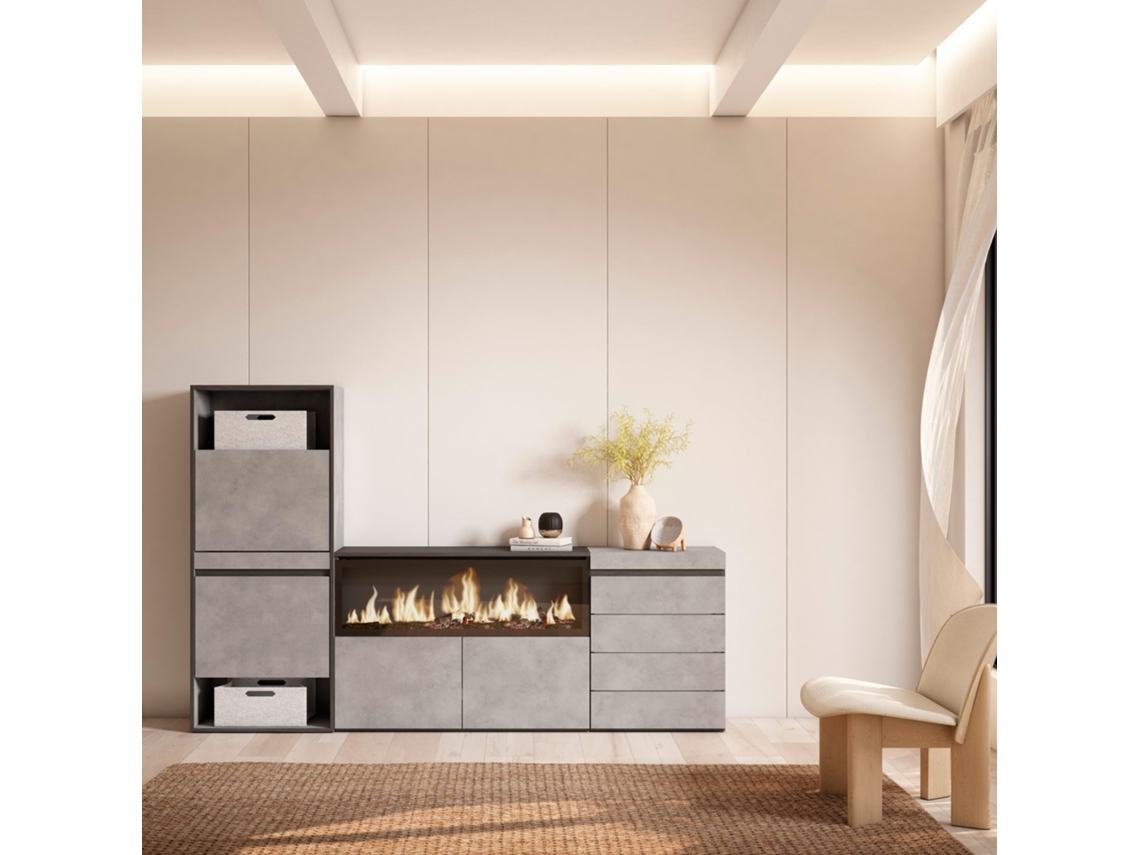Zapatero, 224x145x35 cm, Dormitorio, habitación, Chimenea eléctrica XXL, Cómoda, Cajonera, Cemento SKRAUT HOME