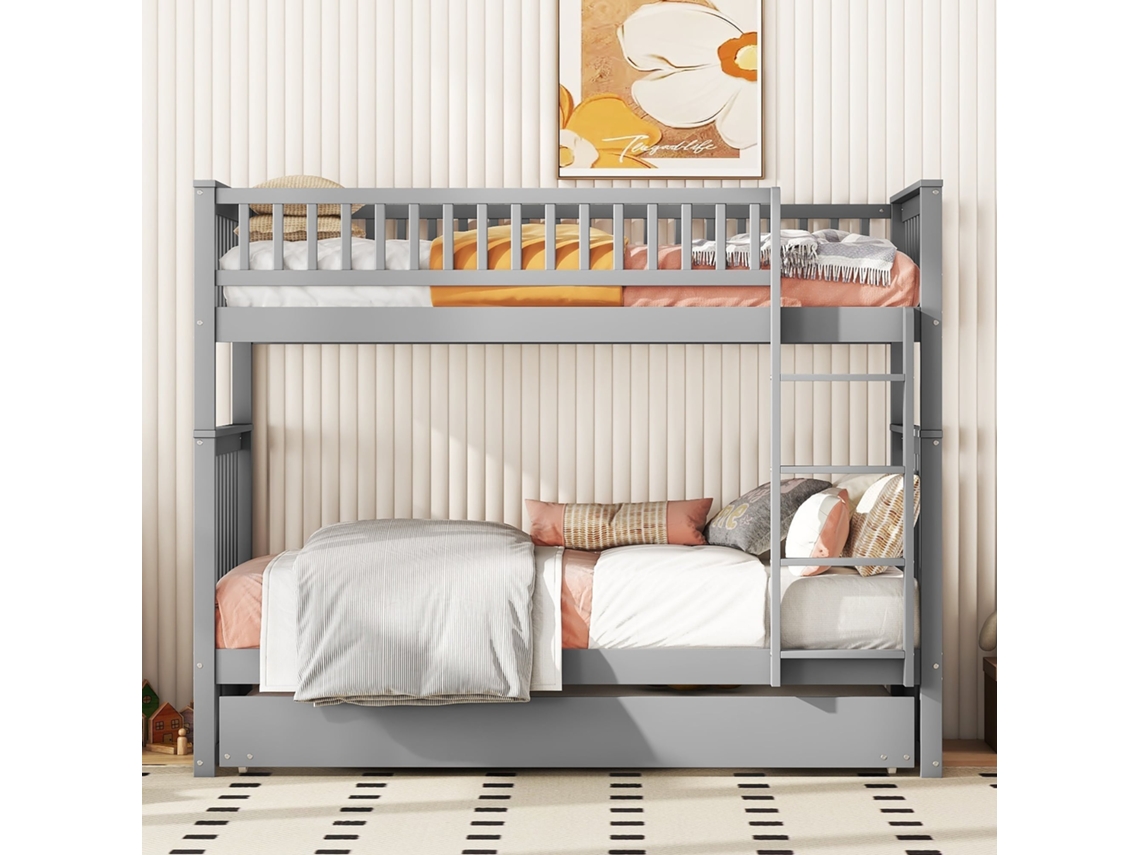 Cama Superpuesta 90x200 Cm, Niños Y Adolescentes, Con Cama Nido, Alta Seguridad, Escalera Sólida, Almacenamiento Práctico, Gris