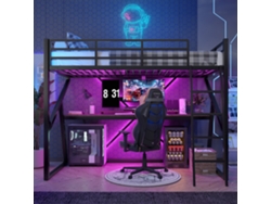 Cama alta de 90x200 cm con estructura de hierro e iluminación LED, con pasamanos y escalera, con escritorio negro Mobrio