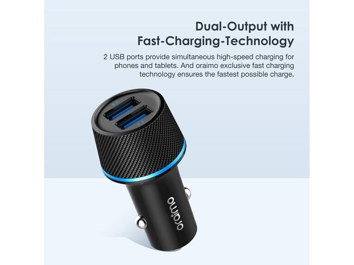 Carregador veicular Oraimo Occ-21d preto com 2 portas USB, carregamento rápido 5V/2.1A e tecnologia exclusiva.