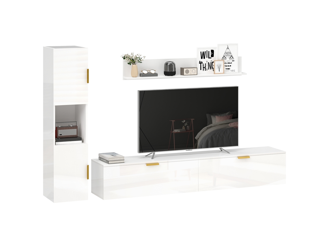 Mueble Tv Mural Puertas Abatibles Estante Pared 180cm Blanco Brillante