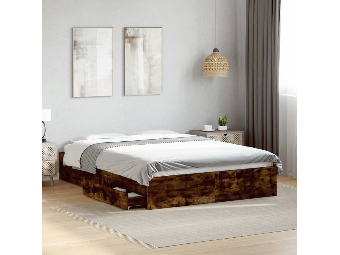 Cama Con Cajones Madera De Ingeniería Roble Ahumado 135x190 Cm
