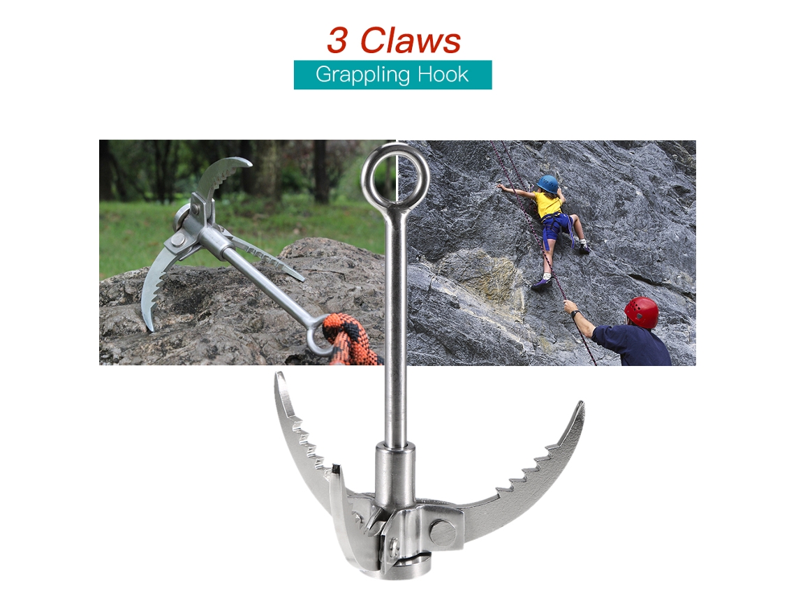 Gancho Plegable De Acero Inoxidable Con 3 Garras Dentadas Para Acampar, Escalar Y Sobrevivir.