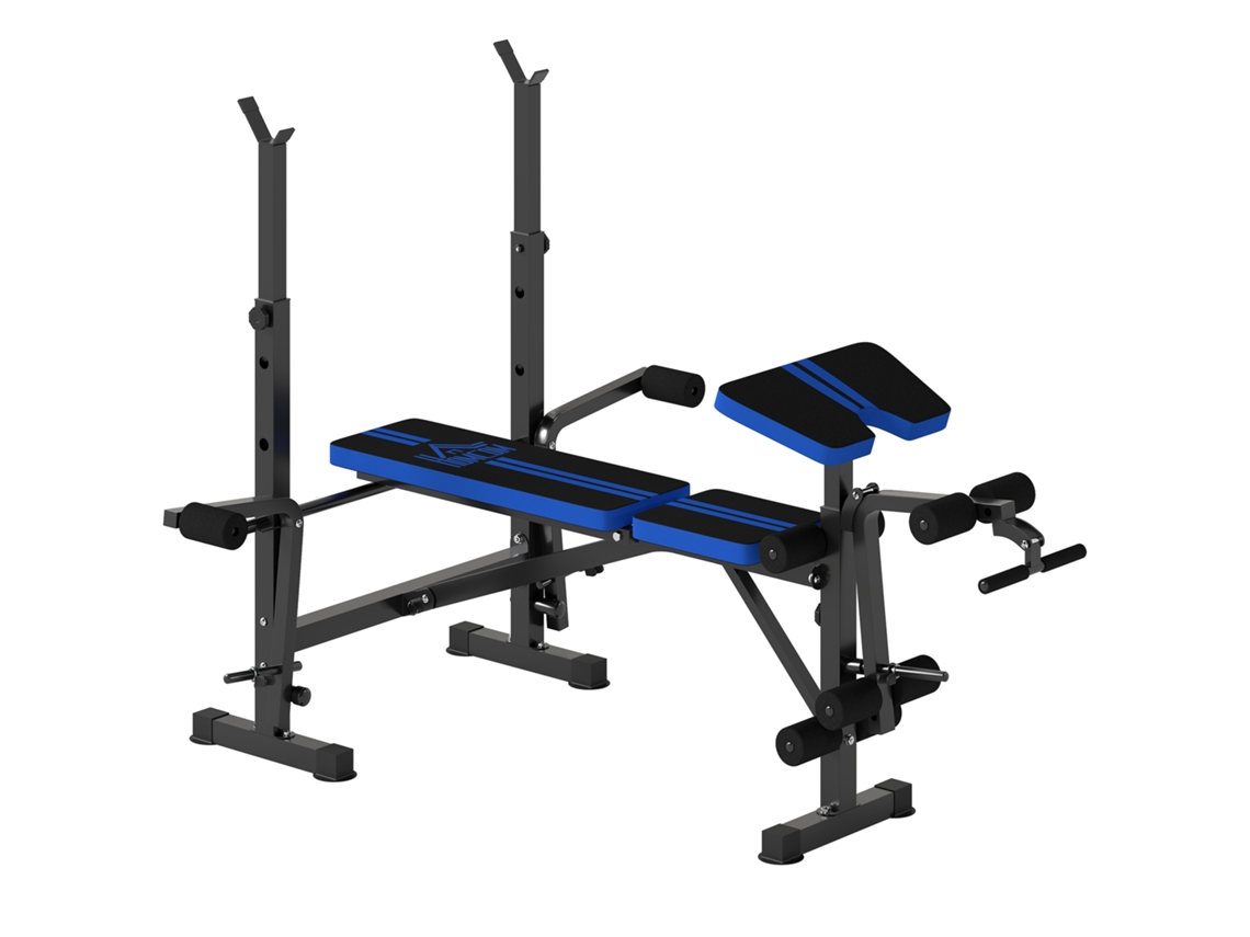 Banco de pesas con respaldo y soporte para barra ajustables para entrenamiento en casa o gimnasio, 175 x 139 x 127 cm, negro y azul.