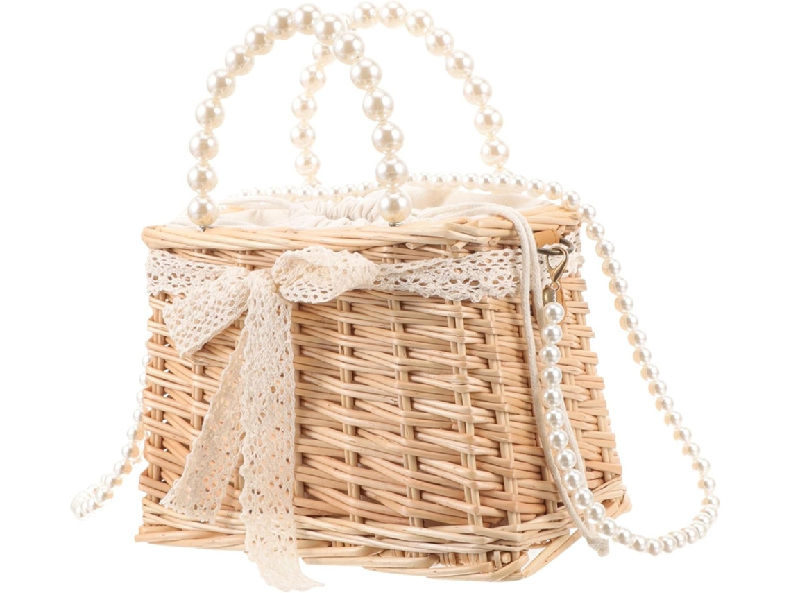 Bolso De Mano De Bambú Tejido Con Correa De Hombro De Cadena Con Cuentas, Bolso Cruzado Elegante