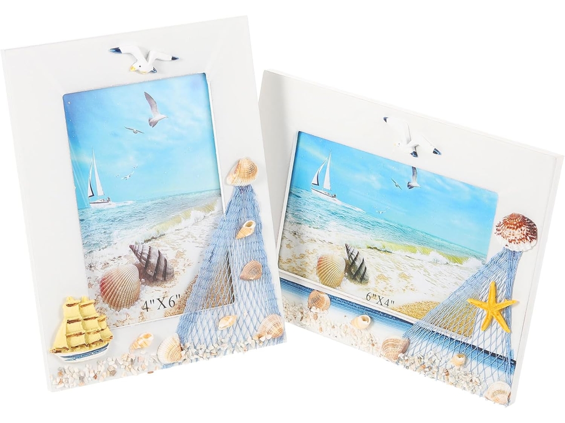 Juego de 2 marcos de fotos de madera, estilo mediterráneo, 15 cm, estampado de conchas, ideal para la decoración de paredes de oficina, GOKOCO