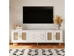 Mueble Para Tv Moderno - Con Puertas De Ratán Y 2 Cajones - Patas De Metal - Blanco