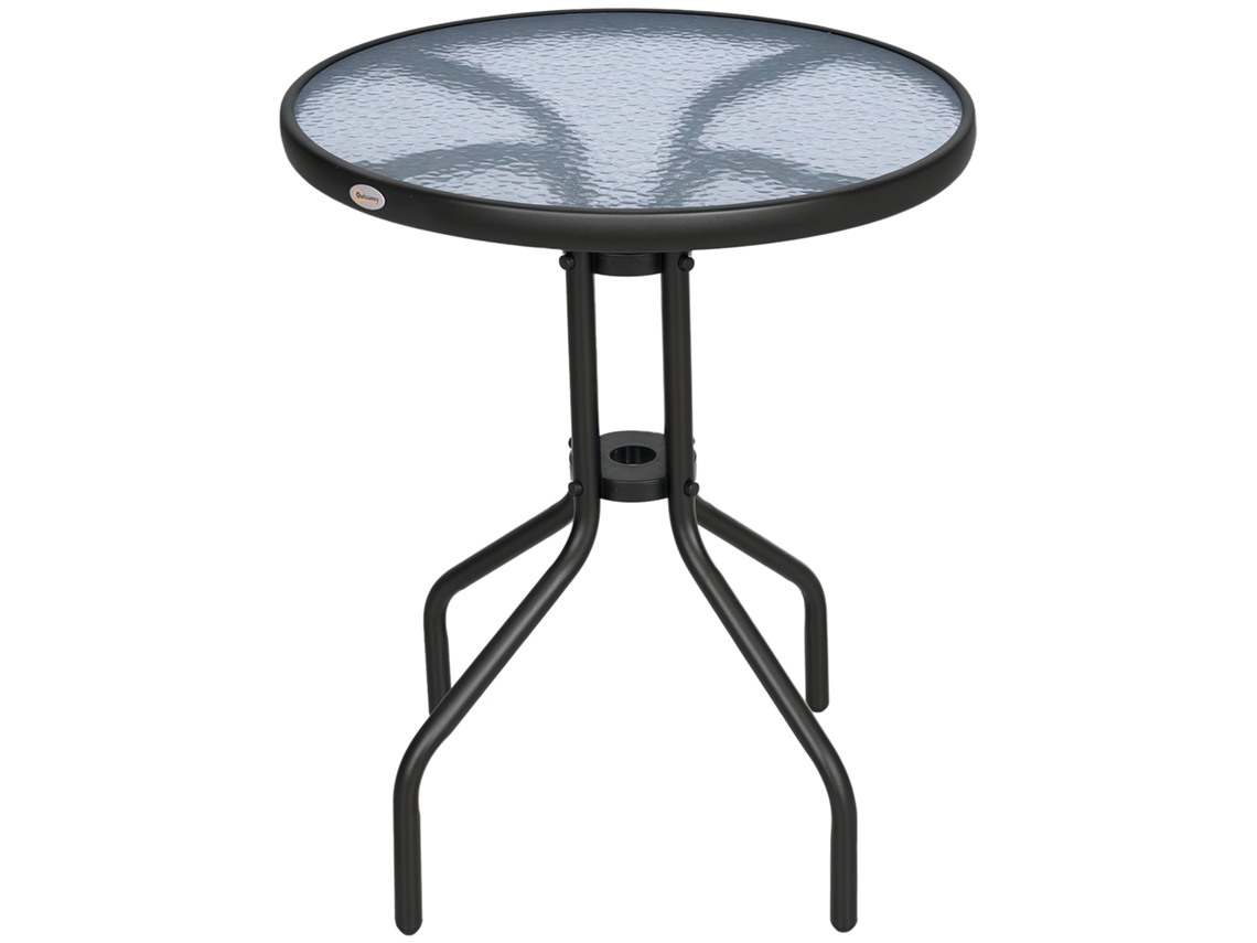 Mesa De Jardim Redonda Com Bancada De Vidro Temperado Decorativa E Estrutura De Metal Para Pátio Terraço Varanda Ø60x70 Cm Preto