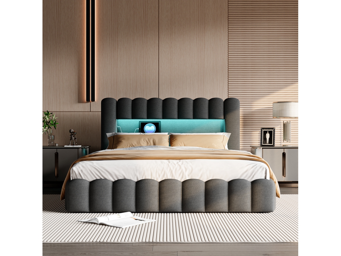 Cama King Size 180x200 Con Almacenaje Hidráulico - Cama Matrimonial Led Con Luz Rgb, Carga Usb Y Cabecera Tapizada En Negro