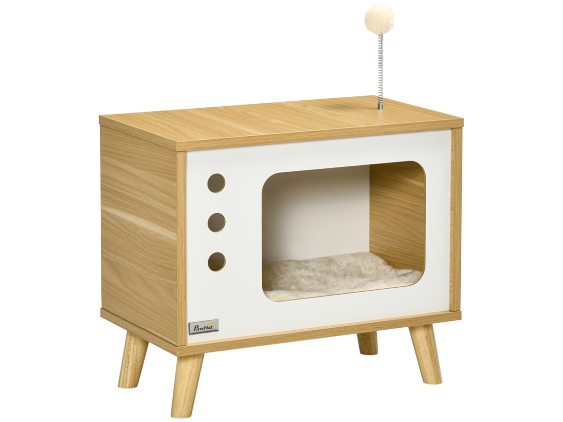 Casita Para Gatos Con Cojín Y Juguete, Roble, 50x28x43cm