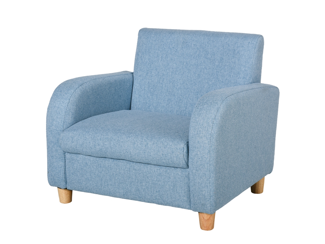 Sillón Infantil Diseño Escandinavo Gran Confort Con Reposabrazos Espuma Alta Densidad Patas Madera Caucho Lino Azul