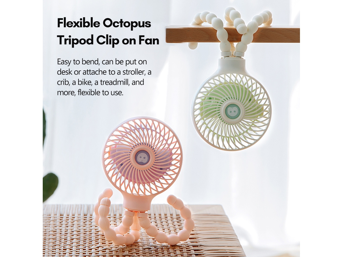 Ventilador portátil con trípode flexible, 3 velocidades y puerto USB.