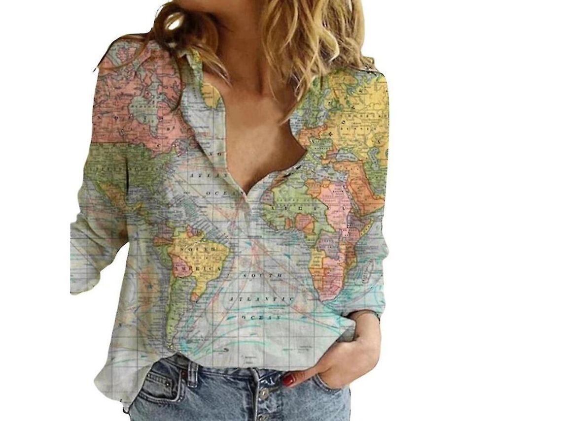 2026-blusa De Manga Larga Para Mujer Con Estampado De Mapa Mundial Cuello Solapa Casual Verano Algodón