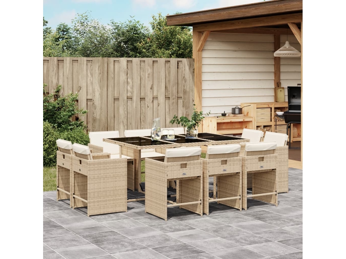Juego de comedor de jardín de 11 piezas con cojines, mimbre sintético beige, DKD Home Decor