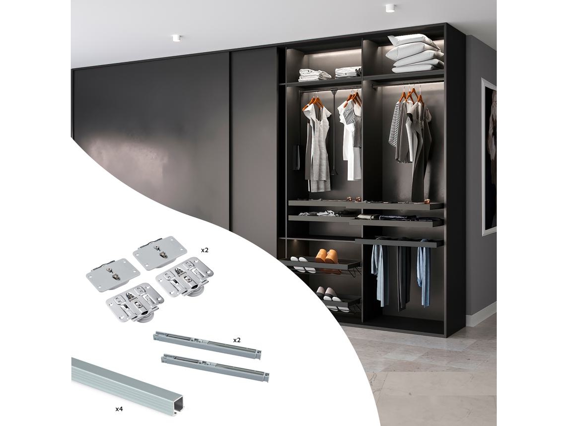 EMUCA Kit de accesorios para puertas correderas y mueble Flow 2 con cierre suave con guías para empotrar 2-35M- Paneles no incluidos- Anodizado mate