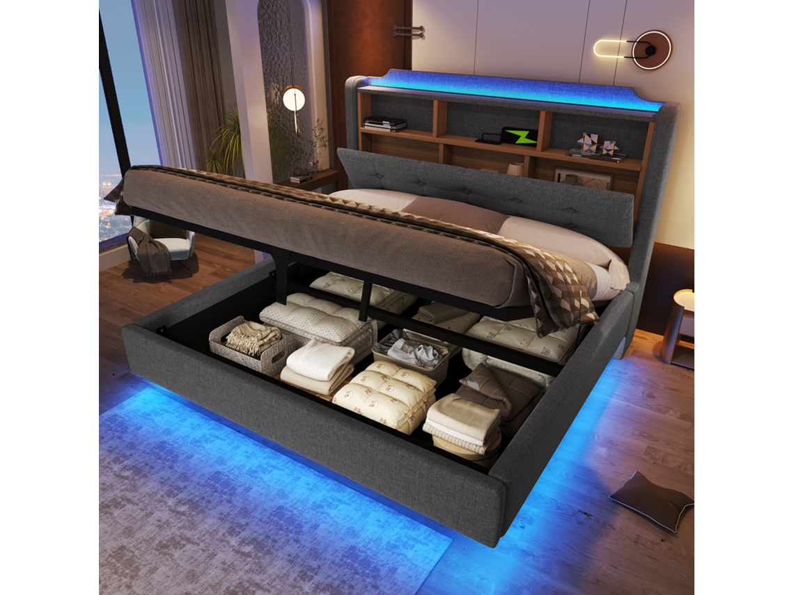 Cama Tapizada De 140x200 Cm Con Elevador Flotante Led Y Usb-c En Lino Gris.