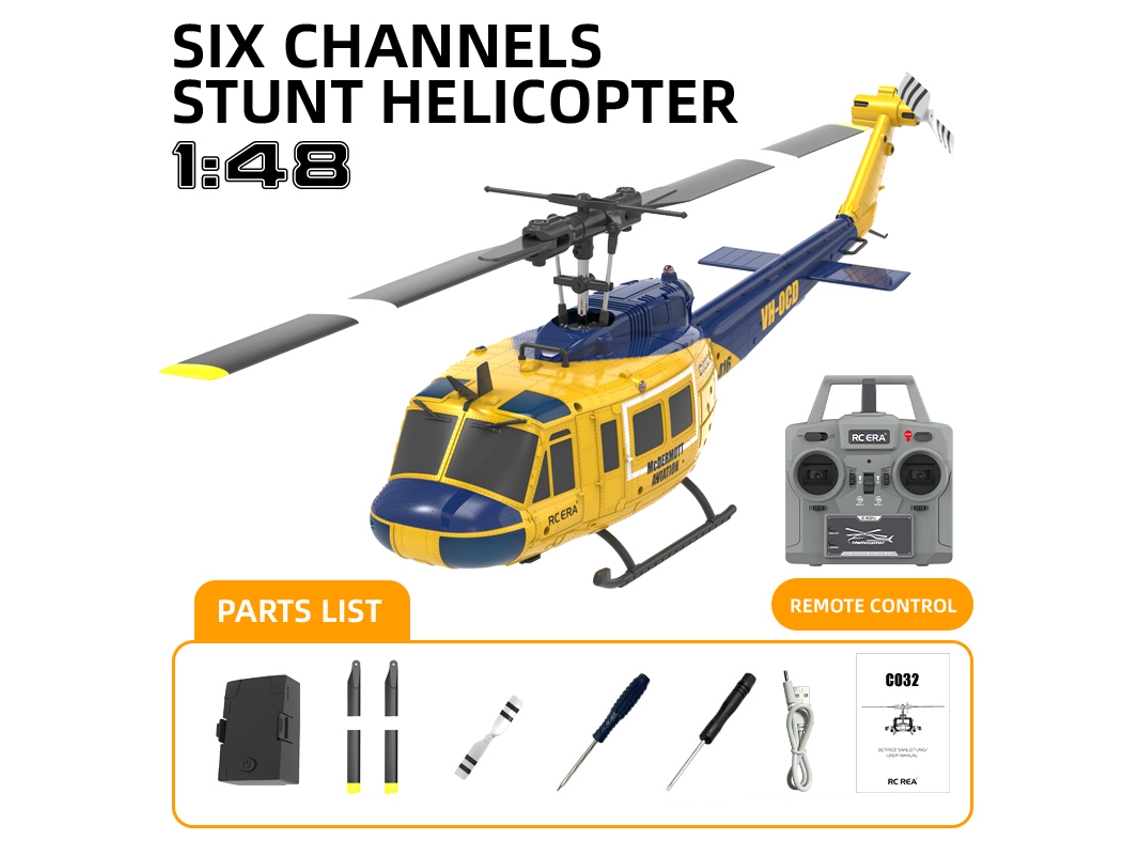 Helicóptero Rc C032 Era 6 Canales, Vuelo Invertido, Acrobacias Uh 1, Posicionamiento Óptico, Amarillo. Aeuzwr
