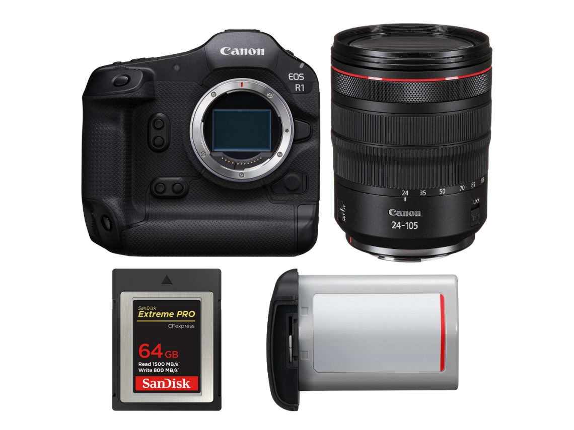 Canon EOS R1 + RF 24 105mm F/4 L IS Usm + 1 Sandisk 64GB Extreme Pro CFExpress Tipo B + Canon LP e19 + Libro electrónico “20 consejos para fotos impresionantes”