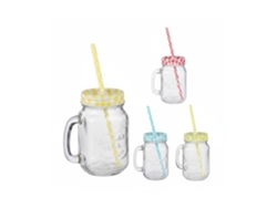 Relaxdays Jarras Con Tapa Y Pajita, Set De 4 Jarritas Limonada, 500 Ml, Vasos Retro Veraniegos Con Asa, Multicolor