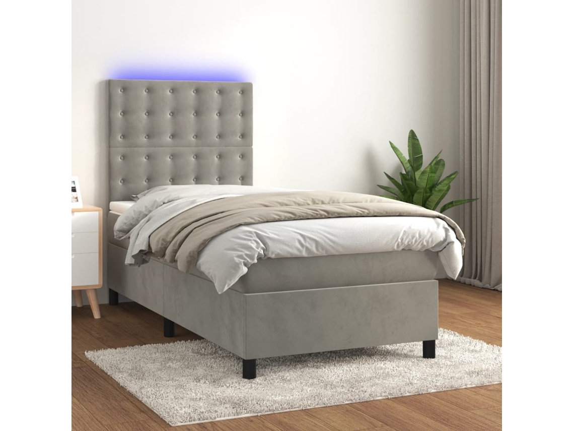 Cama Box Spring Colchón Y Led Terciopelo Gris Claro 90x190 Cm