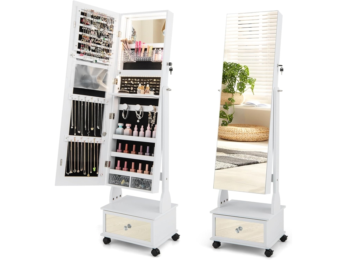 Armario para Joyas, Espejo Joyero de Pie Con Luces LED de 3 Colores, Espejo de Pie Cuerpo Entero con Cerradura, Cajón y 4 ruedas(Blanco) COSTWAY