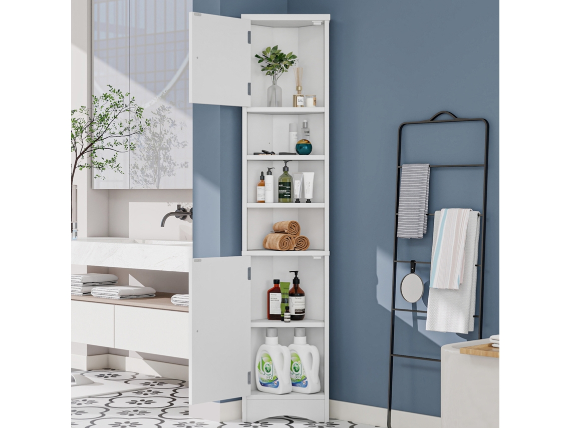 Armario De Baño Triangular 36.5x24.5x170 Cm - 3 Estantes Abiertos, Puertas Dobles, Estantes Ajustables, Blanco