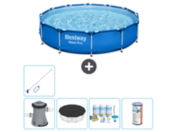 Piscina BESTWAY Round Steel Pro - 366 x 76 cm - Azul - Bomba incluida Cubrir - Paquete de mantenimiento - Filtrar - kit de limpieza
