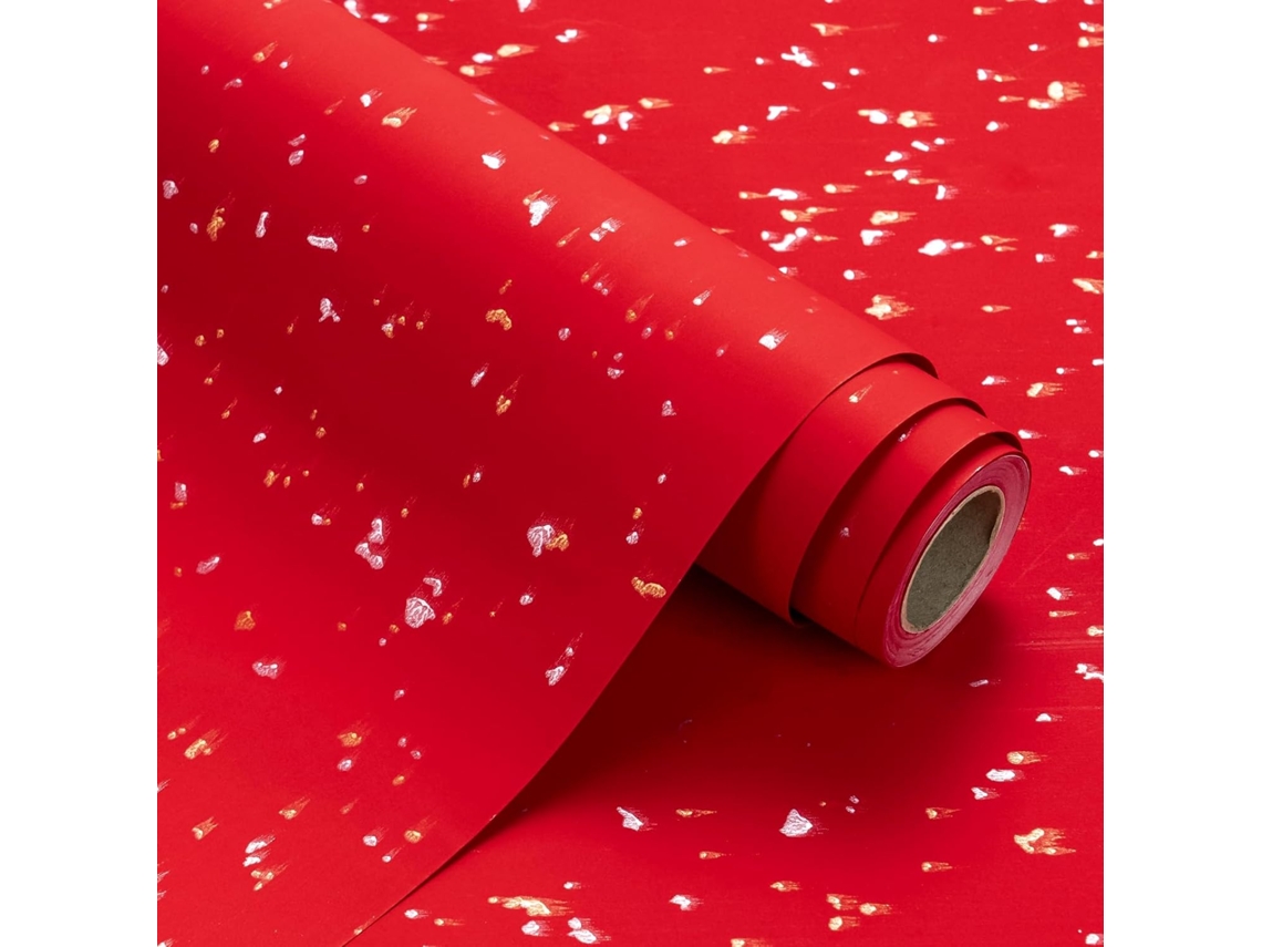 Papel de regalo navideño Chrui Design Rojo y Dorado, 43 cm x 10 m