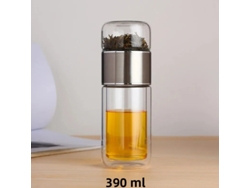 Botella de agua de vidrio de borosilicato de 420 ml con filtro y vaso de doble pared. Mdug (plateada)