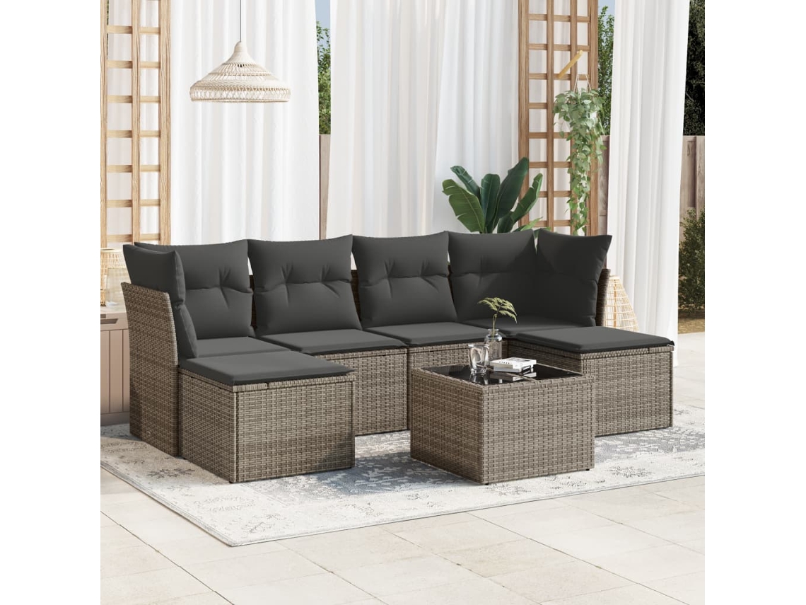 Conjunto de sofá de jardín de 7 piezas con cojines, mimbre gris, DKD Home Decor
