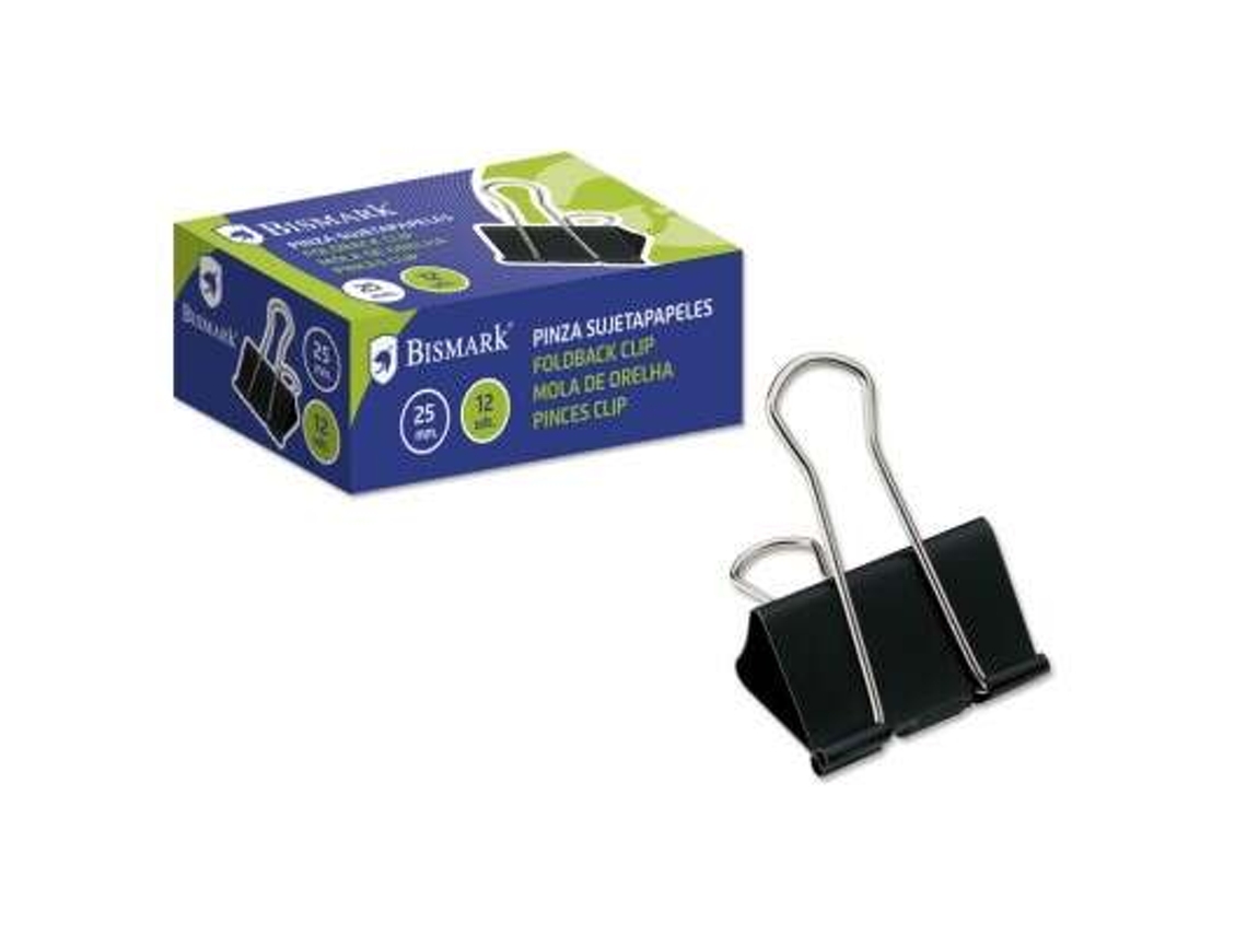 Paquete de 12 clips de papel metálicos Bismark de 25 mm con hoja plegable, color negro
