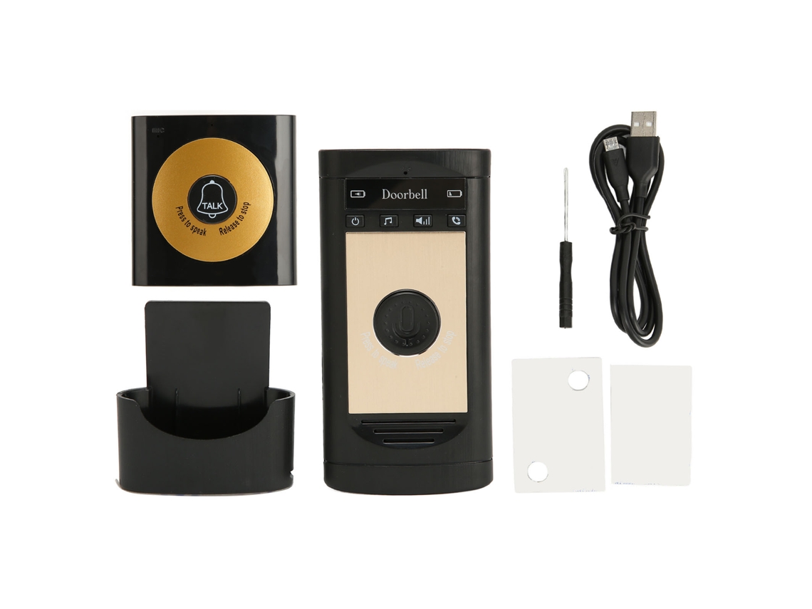 Timbre intercomunicador inalámbrico bidireccional con sonido claro y amplio alcance para casa y oficina, color negro.