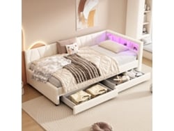 Sofá Cama De 90x200 Cm Con Iluminación Led, Puerto Usb-c Y 2 Cajones Cama Multifuncional En Lino Beige.