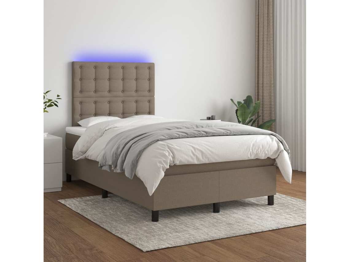 Cama Box Spring Con Colchón Y Led Tela Gris Taupe 120x200 Cm