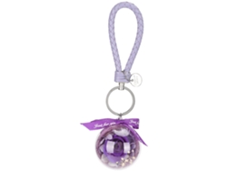 Llavero redondo morado con flor preservada y colgante
