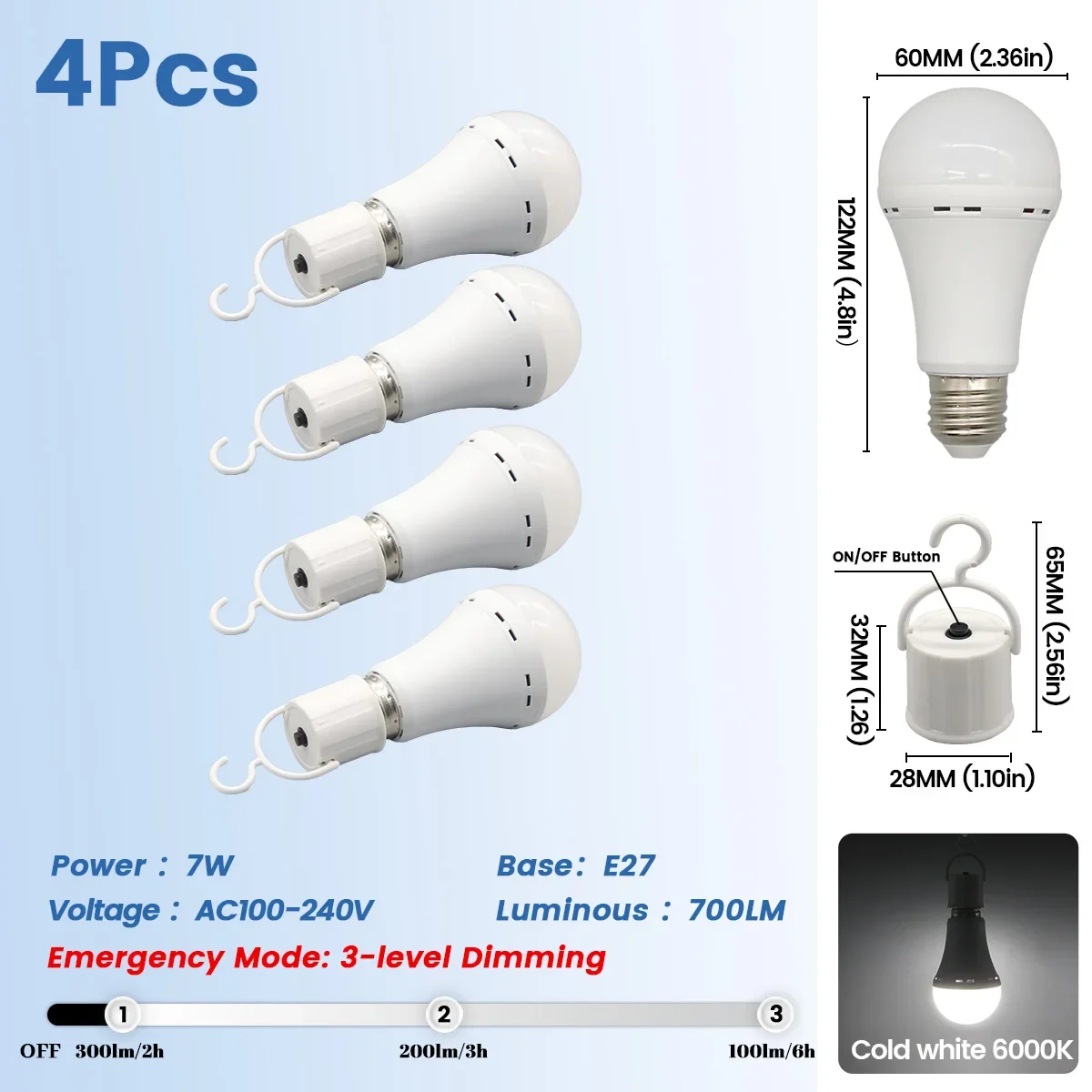 Bombillas Led Recargables (4 Unidades, 7w), Casquillo E27, 1500 Mah, Para Uso De Emergencia, Aptas Para Cortes De Luz Y Acampada Al Aire Libre.