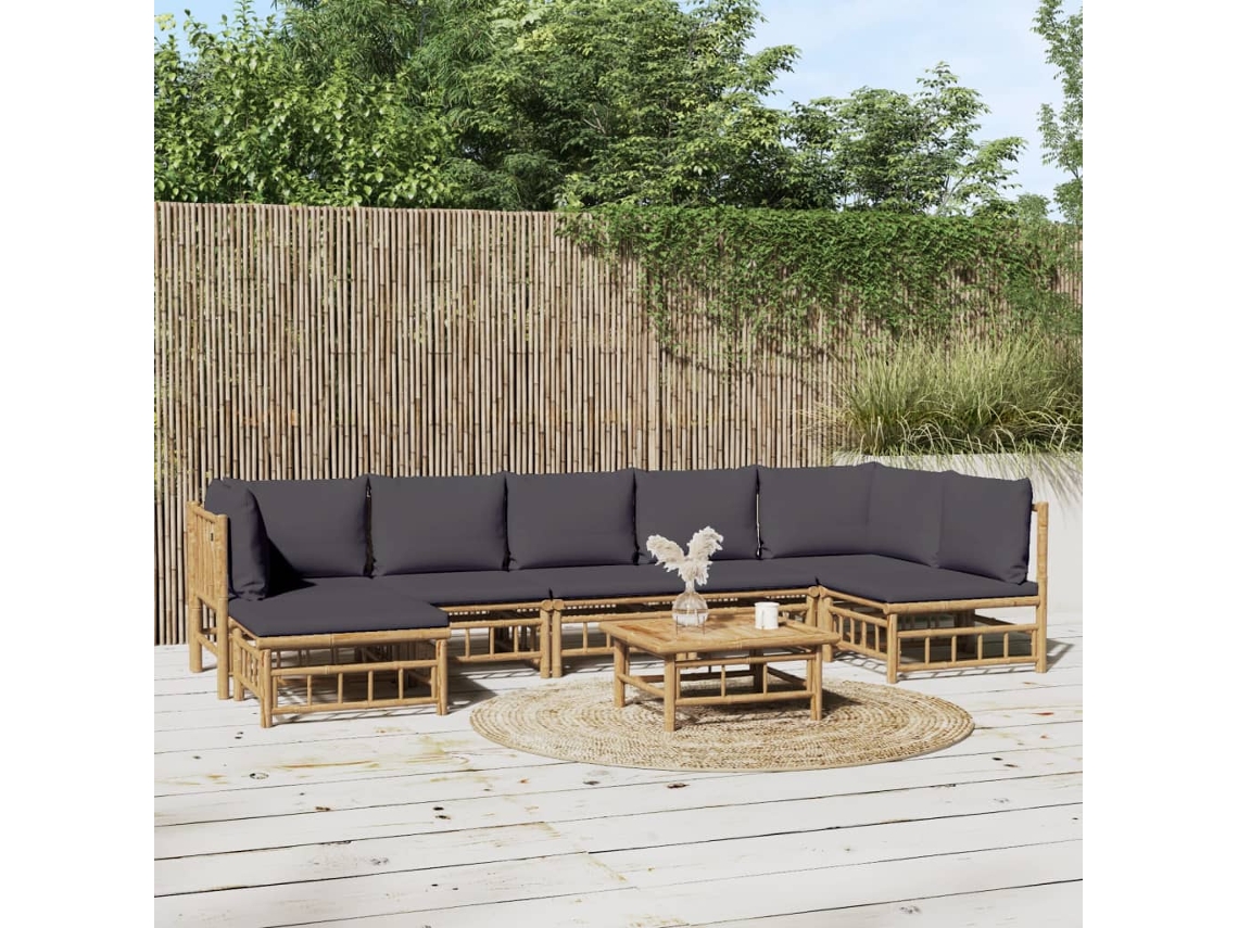 Conjunto de 8 piezas. Lounge De Jardim Bambu C/ Almofadas Cinza Escuro Dkd Home Decor