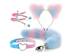 Dan26-conjunto De Juguetes Eróticos Cola De Zorro Con Tapón Anal, Clip De Orejas Y Collar Para Rolplay Y Cosplay Azul Rosa 5