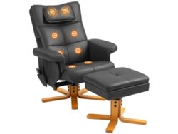 Sillón de masaje con reposapiés, respaldo ajustable, puerto de carga USB, aspecto de piel, soporta hasta 150 kg, color negro.