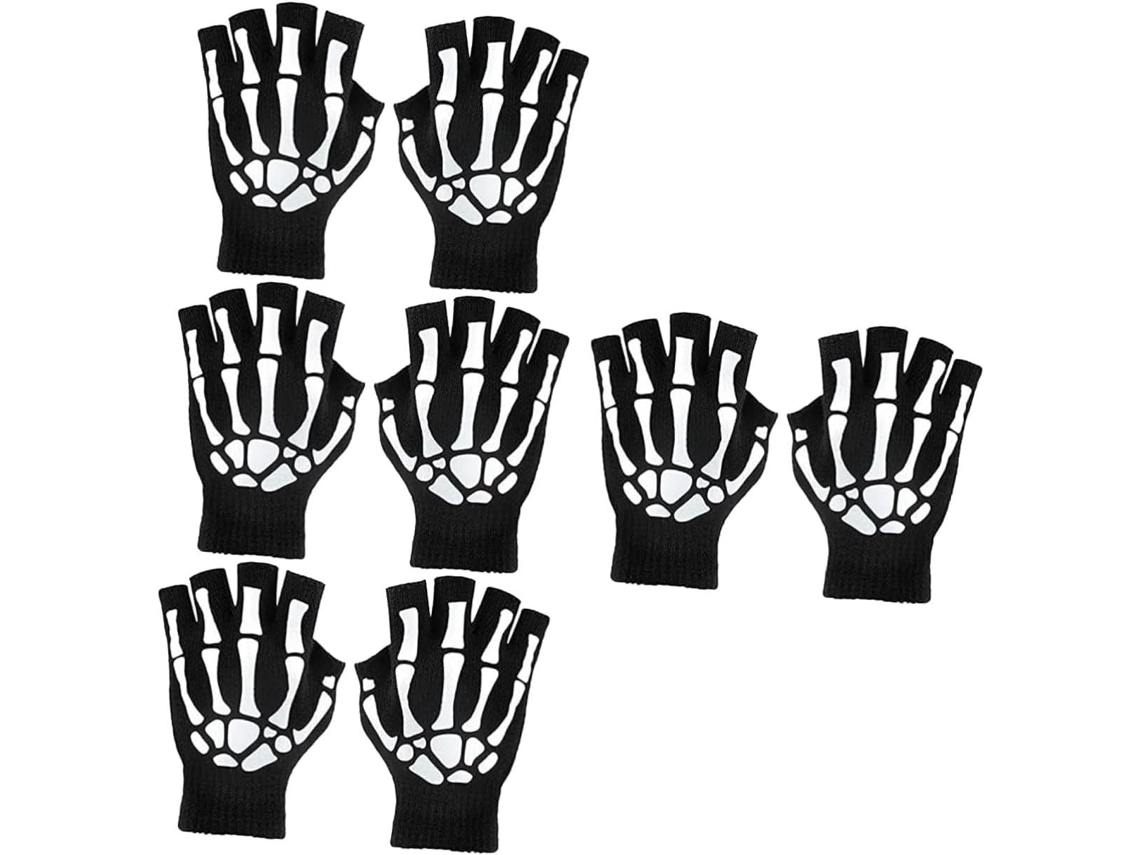 4 Pares De Guantes Sin Dedos Luminosos De Punto Con Estampado De Esqueleto Para Halloween